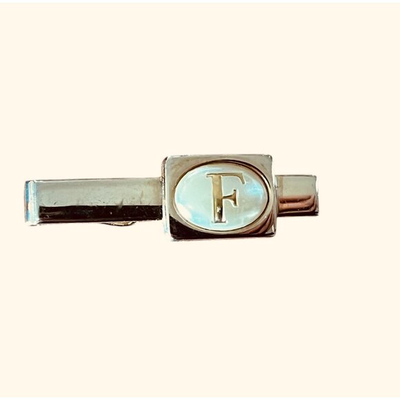 Swank Monogram F Gold-Tone & Mother-Of-Pearl Style Tie Clip - Picture 1 of 7
